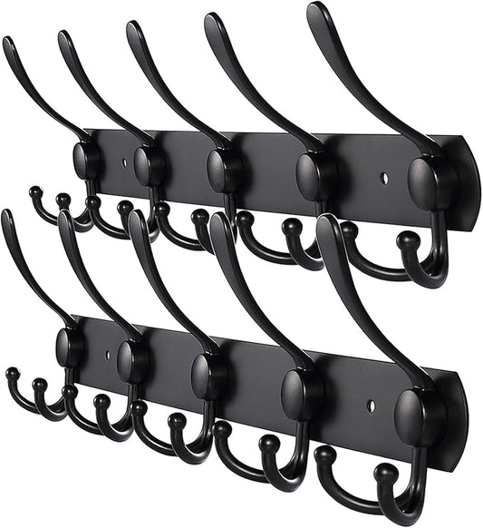 Coat Rack Wall Mounted,5 Tri Stainless Steel Coat Hook for Coat Hat Robes Towel in Mudroom Entryway (Black, 2 Pack 5 Hook)