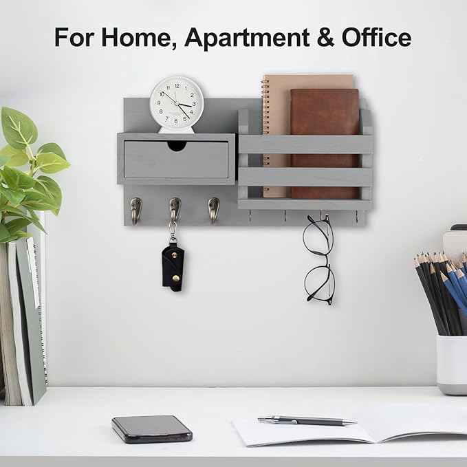 Wall Mount Key Holder with Mail Organizer, 100% Paulownia Wood, 7 Metal Hooks, Storage Drawer, Entryway Home Decor (Gray)