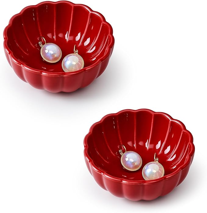 Koythin 2-Piece Small Trinket Dish, Ceramic Jewelry Ring Dish, Flower Key Holder Bowl for Women, Decorative Plate Tray for Dresser, Home Decor Organizer Trinket Tray (Round Petal Flower, Red)
