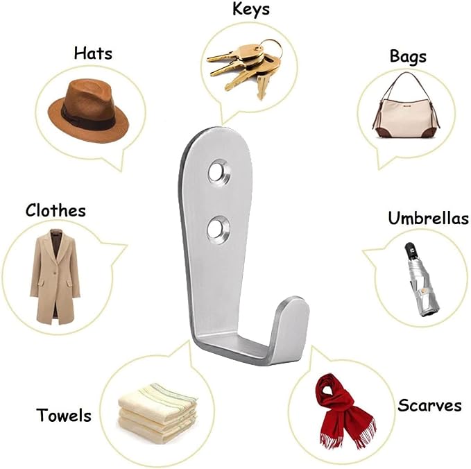 Coat Hooks Wall Mounted, 6 Pack Single Entrance Hooks Heavy Duty Brushed Wall Hook Stainless Steel, Large L Metal Hook for Hanging Clothes Jackets Robes Towels Hats Keys Bags Cups, Silver