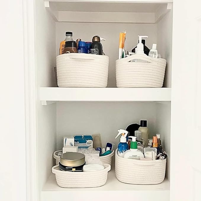 Rope Basket Set of 5, Cotton Woven Baskets Storage Bins, Small Bathroom Organizers and Storage, White Decor Basket for Toy Gift Toilet Snack Plant Picnic(White)