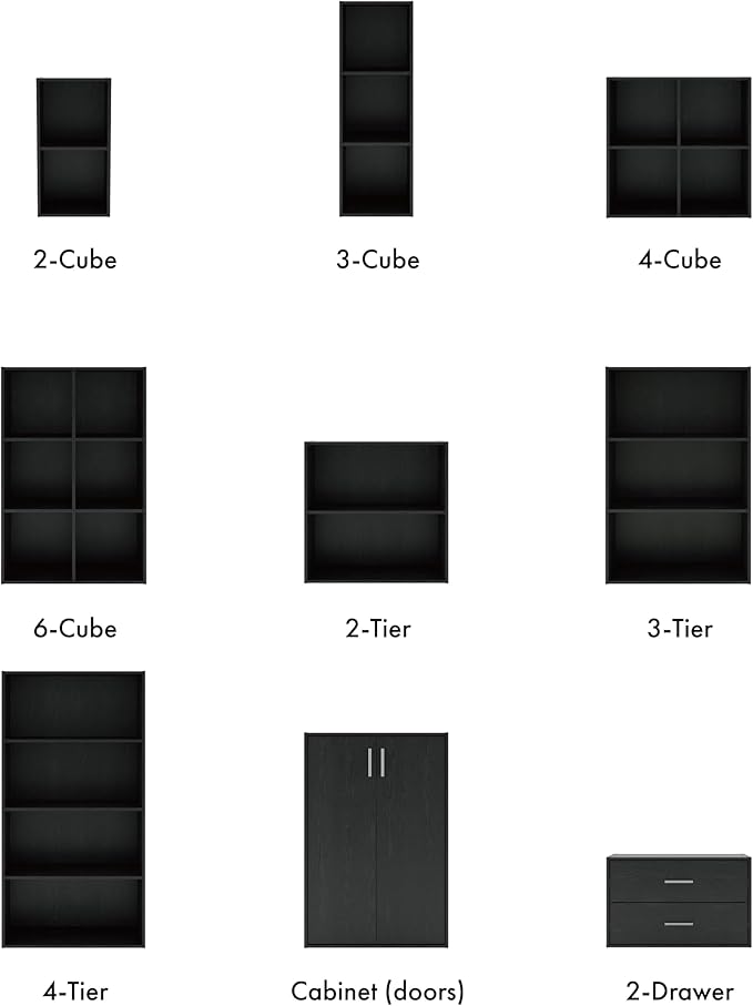 Homes: Inside + Out Apexa 2-Cube Storage Organizer Shelves, Stackable Wood Bookcase Fits Cubby Bins for Organization, Dorm Teen Room Decor & Home Office, Black