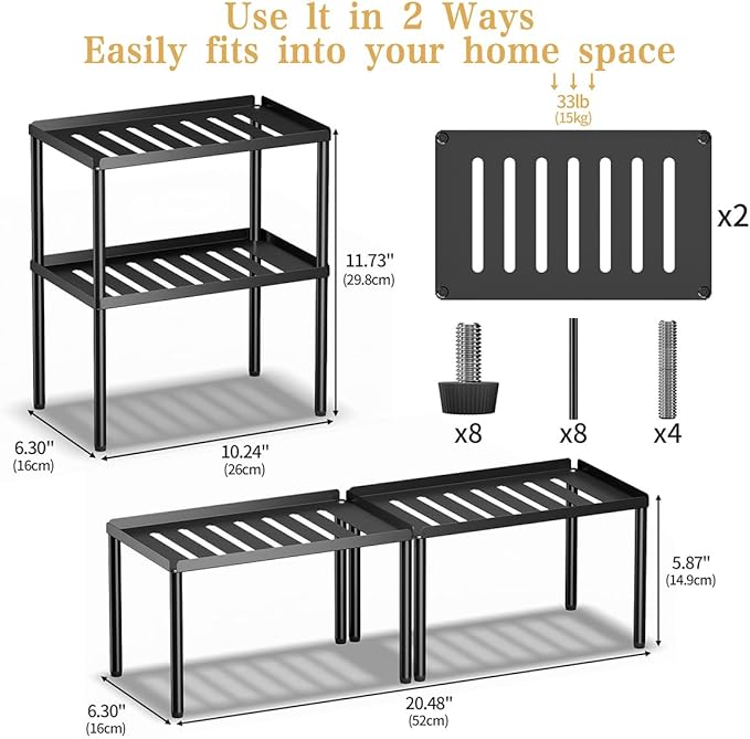 PEKER Cabinet Organizer Shelf, 2 Tier Kitchen Cabinet Organizer with Stackable Cabinet Shelves for Kitchen Countertop Storage, Metal Kitchen Shelf Organizer for Spice, Pantry & Under Sink