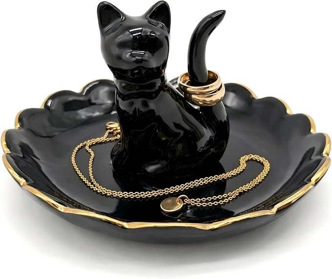 ROSA&ROSE Cat Ring Holder Trinket Tray Ceramic Jewelry Dish Porcelain Ring Organizer,Gift for Women,Girlfriend,Wife,Birthday or Anniversary(Black bow)