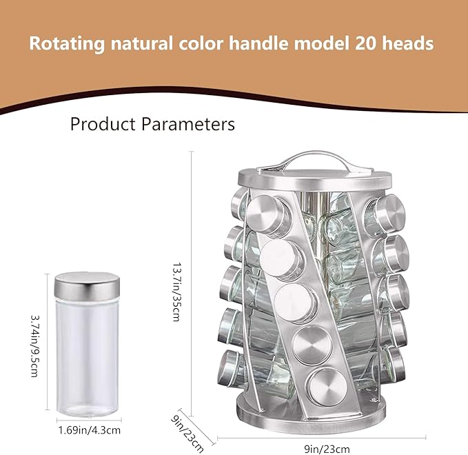 TINMIX Portable Stainless Steel Spice Rack with 20 Spice Jars Included Revolving Spice Organizer for Kitchen Tower Storage Rack for Spices and Seasoning Silver
