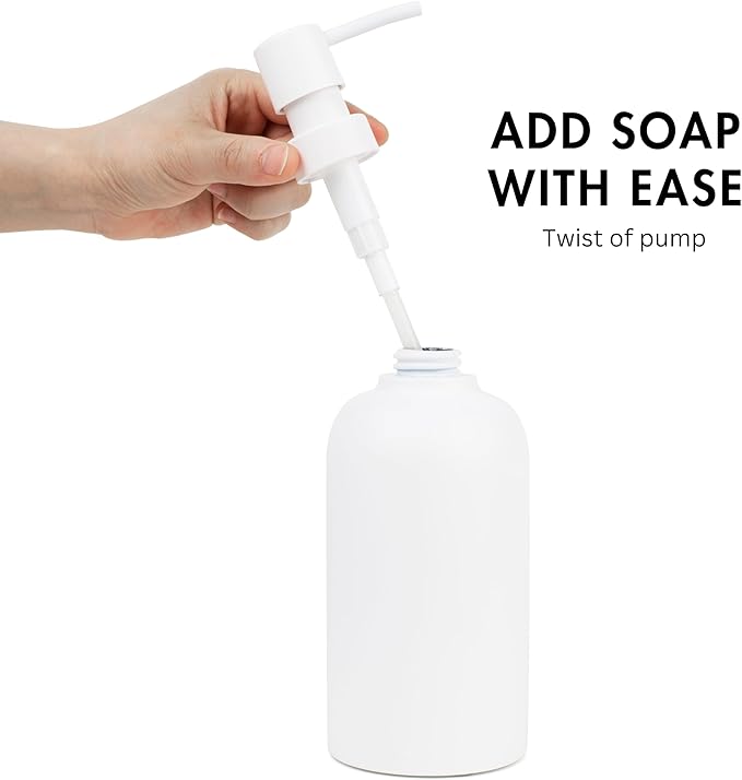 Matte White Round Soap Dispenser for Kitchen & Bathroom – 15 oz Refillable Resin Pump Bottle for Dish Soap, Hand Soap, Shampoo, Conditioner – Modern Countertop Dispenser with Non-Slip Protective Pads