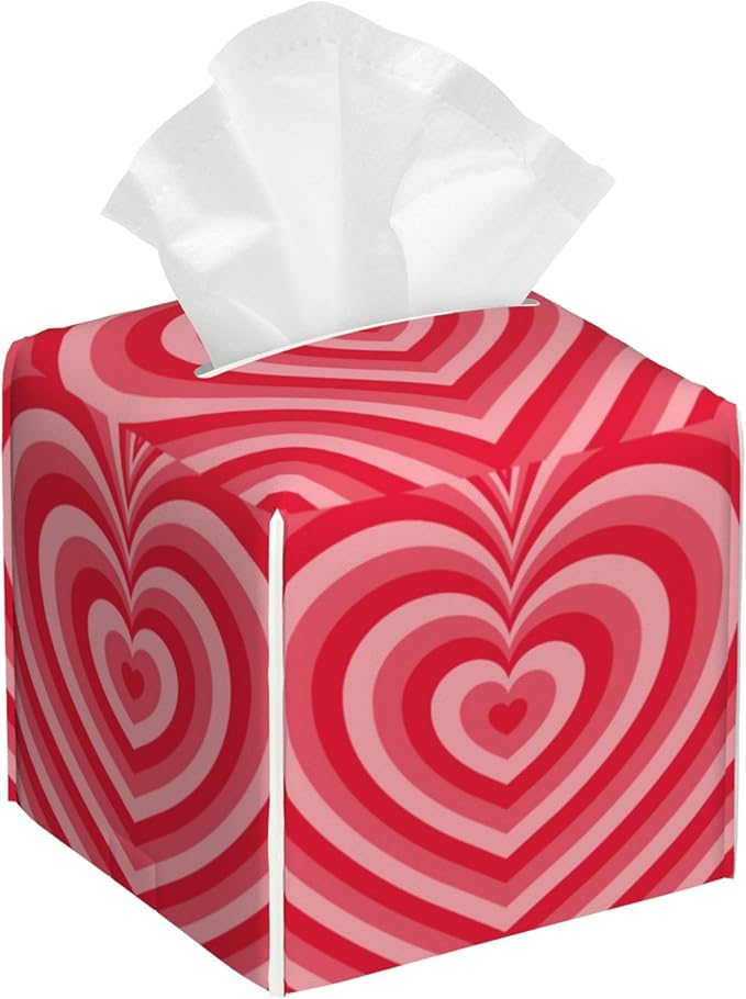 Tissue Box Cover Red Heart Leather Tissue Box Holder Cube Paper Case Cover Facial Paper Organizer Dispenser for Bathroom, Vanity Countertop, Office Desk