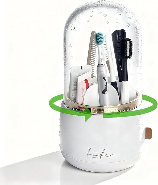 360° Rotating Toothbrush Holder for Bathroom, 7-Slot with Cover & Drainage for Electric Toothbrushes, Toothpaste, Razors - Stand Storage for Vanity, Bathroom Accessories, Countertop Organizer (White)