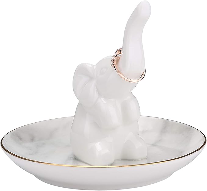 HOME SMILE White Elephant Ring Holder with Marble Pattern Dish,Elephant Gifts for Women Chritsmas