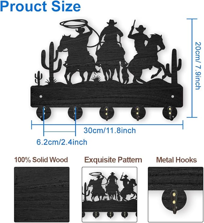 MAYJOYDIY Cowboy Horse Cactus Coat Hooks Wall Mount 11.8×7.9inch Desert Decorative Hooks Rack Wall Art Decor Black Wooden Western Cowboy Key Holder for Wall 5 Alloy Hooks for Kitchen Entryway Gifts
