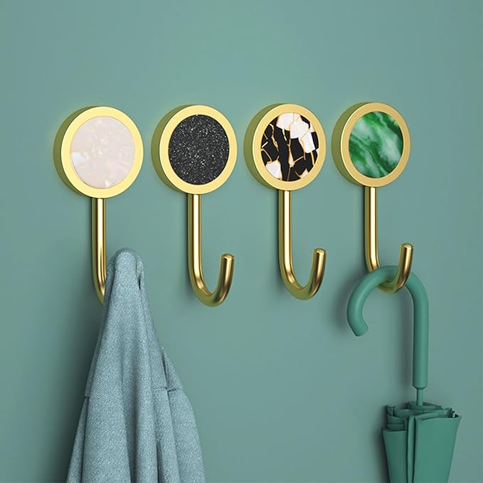 2 Pack Adhesive Hooks, Brass Wall Hooks, Bath Towel Hook, Self Adhesive Hooks Wall Hangers Without Nails for Entryway Kitchen Bathrooms Door (Green)