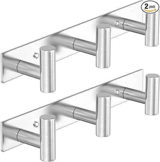 HUFEEOH 2 Pack Coat Hooks Wall Mount, Silver T Shaped 3 Hooks Wall Hooks Stainless Steel Coat Hanger, Heavy Duty Towel Hooks Purse Rack for Hanging