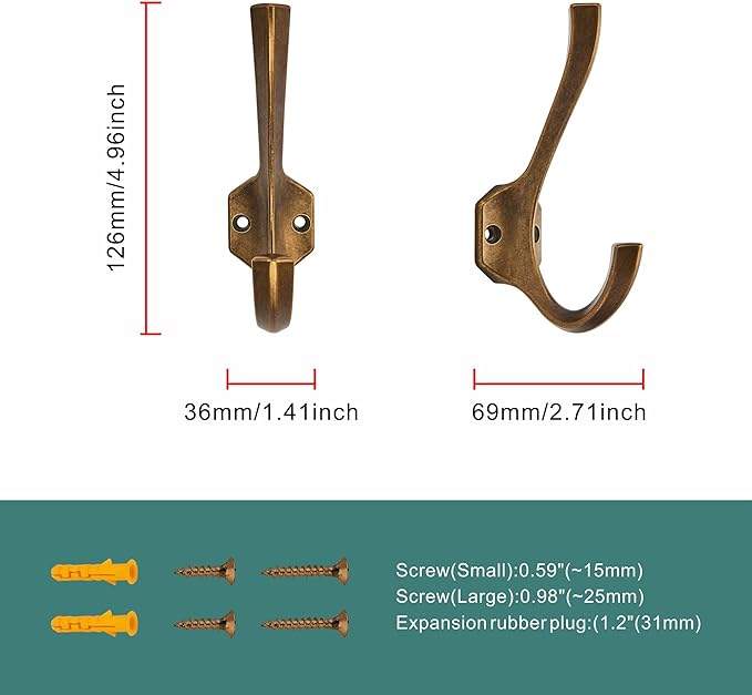 AVICCI 5 Pack Coat Hooks Antique Brass Towel Hooks Robe Hooks for Bathroom Living Room Bedroom Hanger for Robe Dressing Room