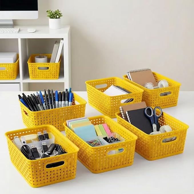 Yellow Plastic Organizer Baskets, 12-Pack Stackable Pantry Storage Baskets, Small Baskets for Shelves, Bathrooms, Kitchens, Laundry Room, Classrooms, Cabinets and Bedrooms