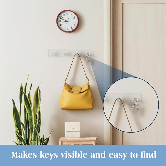 1 Pcs Adhesive Key Holder for Wall Acrylic Key Holder with 4 Hooks for Entryway, Door, Bathroom, Kitchen, Hang Keys, Hats, Dog Leashes, and Accessories (Transparent)