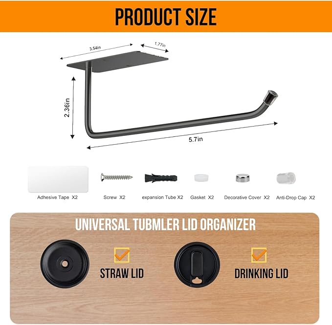 Tumbler Lid Organizer - Stainless Steel Holder, Self Adhesive or Drilling Tumbler Lid Storage Hook, Wall Mount for Kitchen Cabinet (Black)
