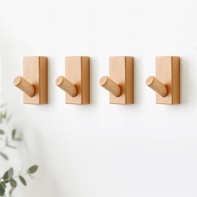 Beech Wood Coat Rack, 4 Pack Coat Hooks Mounted Rustic Wooden Wall Hooks Entryway Rack for Clothes Hats Towel Purse Robes, Bathroom Mudroom Bedroom