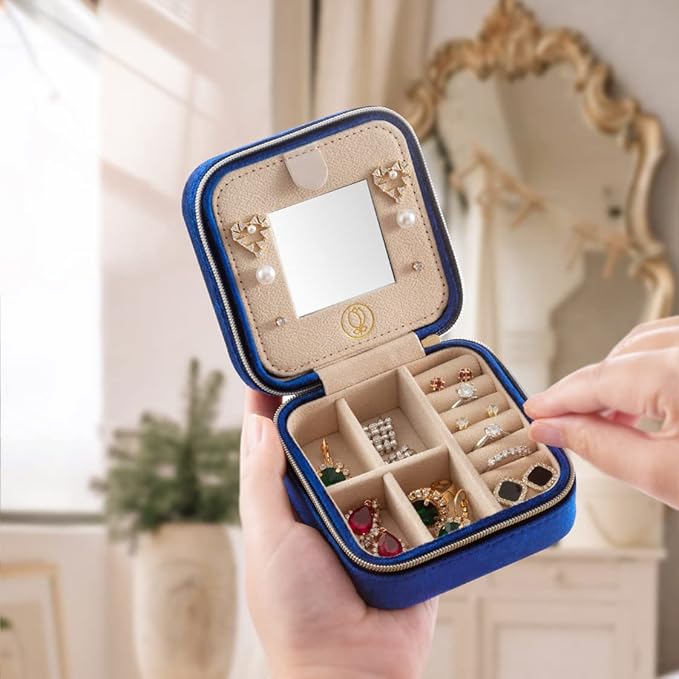 Plush Velvet Travel Jewelry Case, Travel Jewelry Organizer, Jewelry Travel Case, Travel Jewelry Box, Small Jewelry Case, Jewelry Travel Box, Earring Organizer with Mirror - NavyBlue 4packs