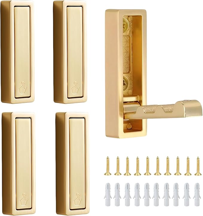 Wall Hooks, 5Pcs Folding Hook Zinc Alloy Coat Hooks Wall Mounted for Hanging Heavy Duty, Towel, Coats, Hanger, Bag, Hat, Backpacks, Earphone, Screws (Gold)