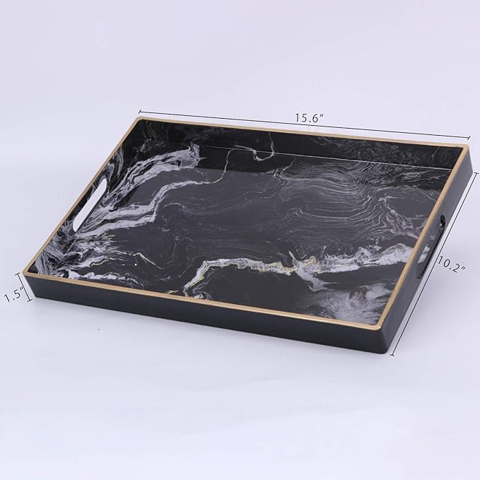 Zosenley Decorative Tray, Marbling Plastic Tray with Handles, Rectangular Vanity Tray and Serving Tray for Bathroom, Kitchen, Ottoman and Coffee Table, 15.6â x 10.2â, Black