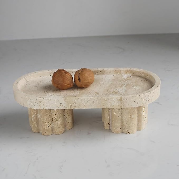 Natural Travertine Marble Oval Tray with 2 Legs, 10" Vanity Decorative Tray for Countertop Organizer, Catchall Tray for Perfume, Candles, Jewelry Dishv