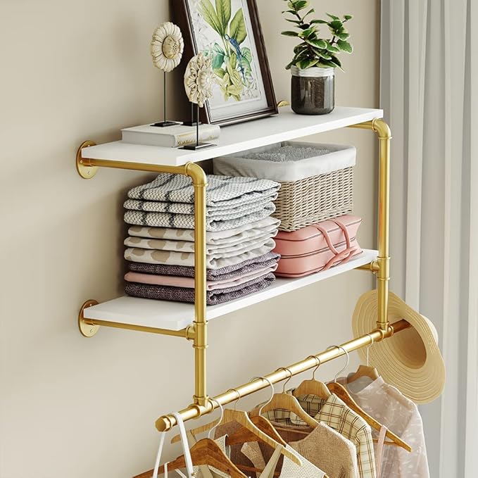 MAIKAILUN Gold Wall Mounted Clothes Rack with 2 Tier Shelves, 42" Long, Heavy Duty Iron and Wood Construction, Ideal for Clothes, Laundry Room