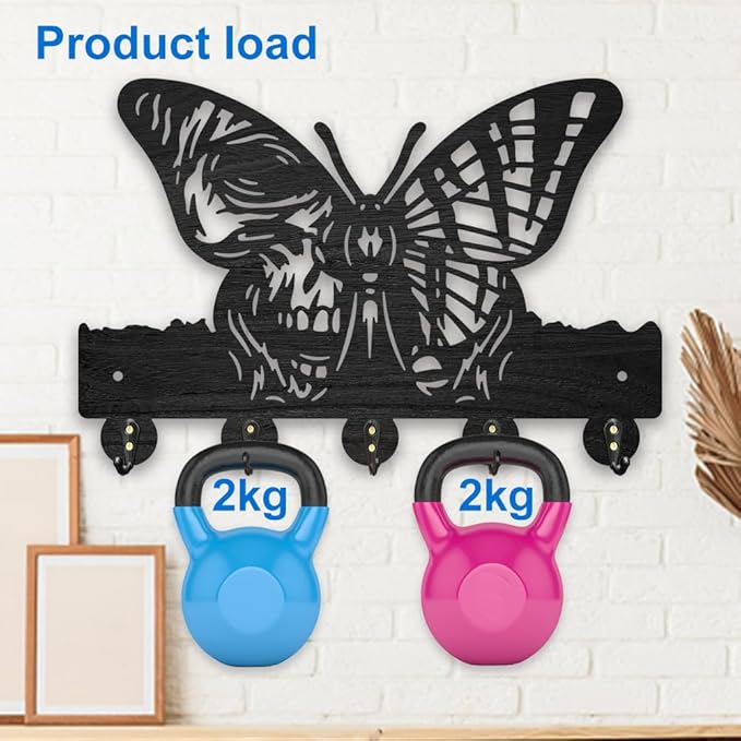 MAYJOYDIY Wooden Skeleton Butterfly Key Hook Insect Skull Coat Holder for Wall 11.8×7.8 inch Black Art Key Holder with 5 Alloy Hooks for Entryway Bedroom Living Room Home Decor