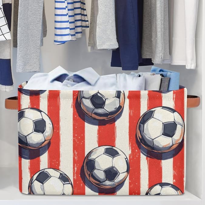 Storage Bins for Organization, Soccer Canvas Book Storage Bins with Handles, Bedroom Shelves Decorative Baskets for Organizing, Fabric Cube Bin Classroom Dorm Closet Organizer Box