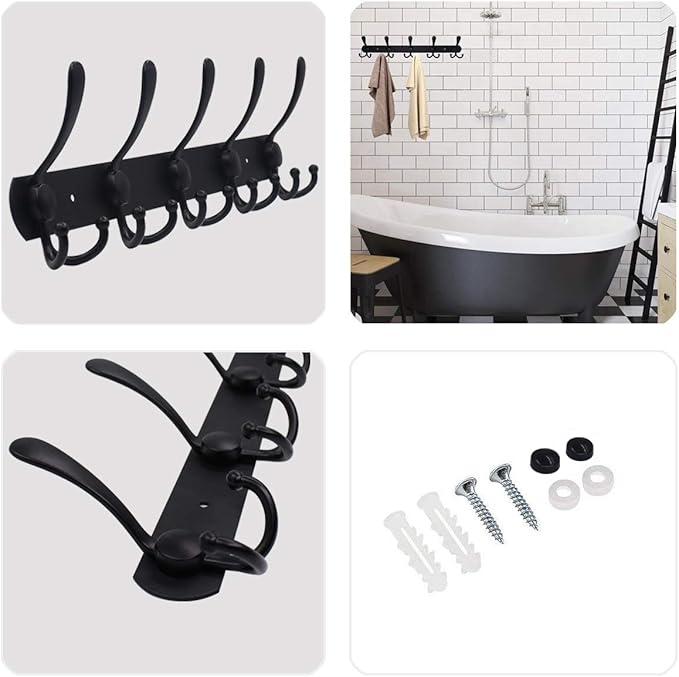 Coat Rack Wall Mounted,5 Tri Stainless Steel Coat Hook for Coat Hat Robes Towel in Mudroom Entryway (Black, 1 Pack 5 Hook)