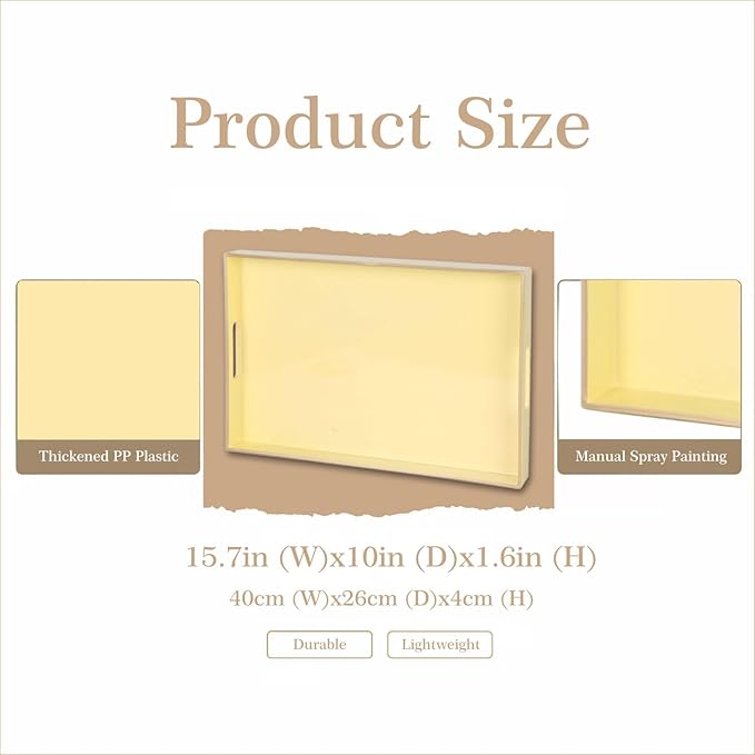Zosenley Decorative Tray, Rectangular Plastic Tray with Handles, Modern Vanity Tray and Serving Tray for Bathroom, Kitchen, Ottoman and Coffee Table, 15.6â x 10.2â (Light Yellow)
