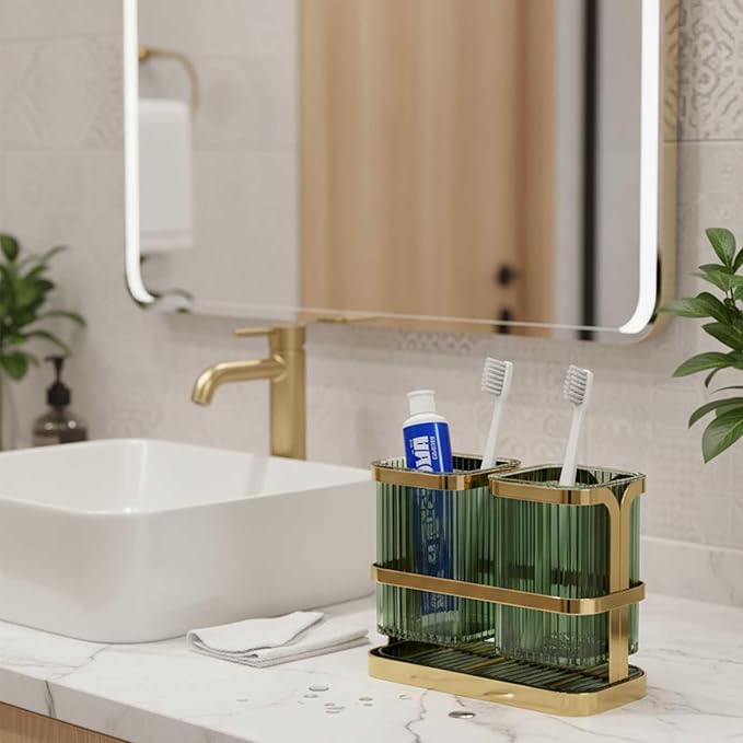 Toothbrush Holders for Bathrooms, Toothbrush Holder Wall Mounted, Kitchen Utensil Holder, 2 Cups Dry & Wet Separation, Kitchen Bathroom Tooth Brush Holder Organizers and Storage (Green Gold)