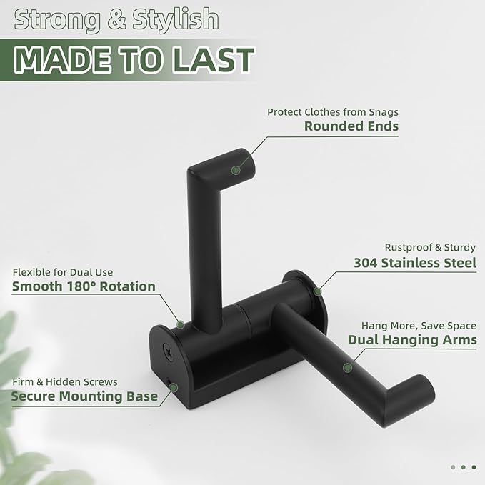 Matte Black Swivel Towel Hook 2 Arms, 304 Stainless Steel Bathroom Double Towel Holder, Wall Mounted