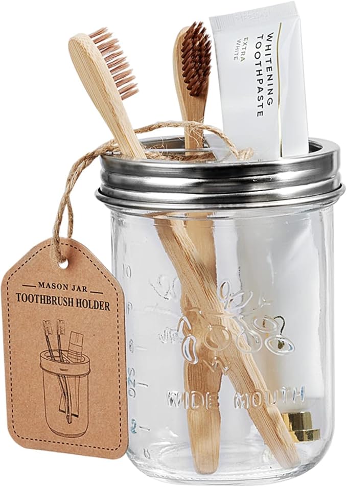 Amolliar Mason Jar Bathroom Accessories Set 4Pc - Foaming Soap Dispenser&2 Qtip Holders&Toothbrush Holder-Rustic Farmhouse Decor Bathroom Organizer Apothecary Jar Country Countertop (Brushed Nickel)