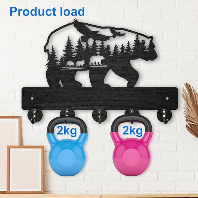MAYJOYDIY Bear Forest Bird Coat Rack Wall Mount 11.8×7.9inch Bear Wall Art Decor Wildlife Animal Key Holder for Wall Black Wooden Key Hanger Rack 5 Alloy Hooks for Kitchen Bedroom Entryway Gifts