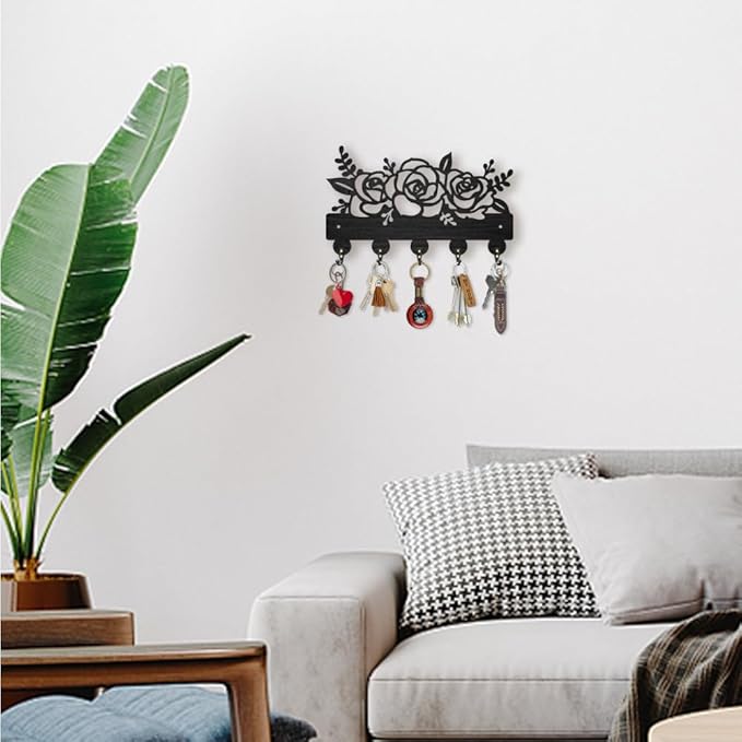 MAYJOYDIY Flower Plant Coat Hooks Wall Mounted 11.8×7inch Rose Flower Wood Key Holder for Wall Decorative Key Rack Hanger with 5 Alloy Hooks Key Hooks for Entryway Home Decor Mother's Day Gift