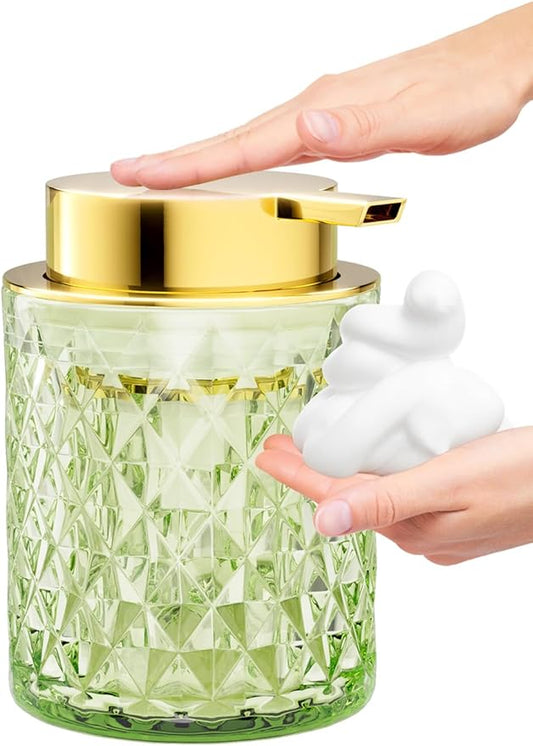 Bathroom Accessory Set, Foaming Soap Dispenser, Glass Hand Foaming Soap Dispenser, Refillable Pump Bottles for Liquid or Lotion, Crystal Decorative Handwash Dispenser for Bathroom, Kitchen,Green