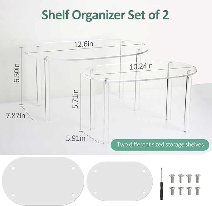 Clear Kitchen Cabinet Organizer, Acrylic Shelves Set of 2 Stackable Counter Shelves, Pantry & Countertop Storage, Space-Saving Bathroom/Desk Organizer