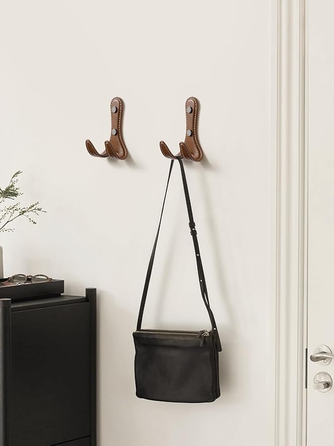 2 Pack Brown Leather Coat 2 Hooks Wall for Hanging Round Coat Hooks for Hanging Robe Towels Bags Hats Scarf Keys Clothes Suitable for Bedroom, Entryway and Closet