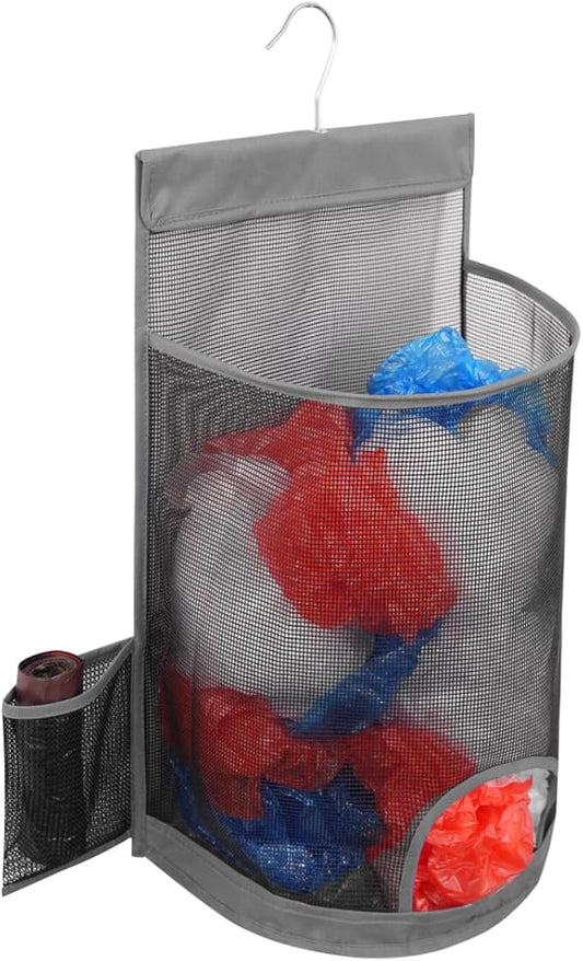 ALYER Hanging Mesh Grocery Bag Holder,Plastic Garbage Bag Dispenser Organizer with Hanger for Kitchen Cabinet Bathroom Laundry,Installation Free (Gray, 17.7" H * 10.6" W * 10" D)
