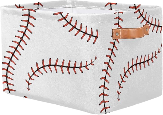 AUUXVA Storage Basket Baseball Stitches Storage Cube Box Sport Baseball Basket Softball Canvas Collapsible Toy Storage Bin Shelf Kids Gift Basket with Handles, 1Pc