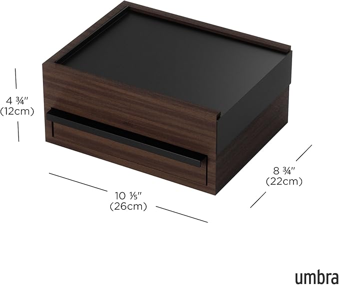 Umbra Stowit Jewelry Box - Modern Keepsake Storage Organizer with Hidden Compartment Drawers for Ring, Bracelet, Watch, Necklace, Earrings, and Accessories, Black/Walnut