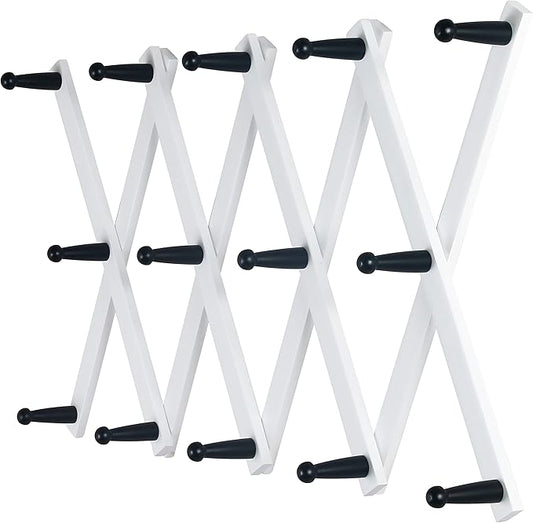 Dseap Accordian Wall Hanger: 16” High Wooden Wall Expandable Coat Rack, Hat Rack Holder, Accordion Hook for Baseball Caps, Coats, Mugs, 14 Peg Hooks, White & Black