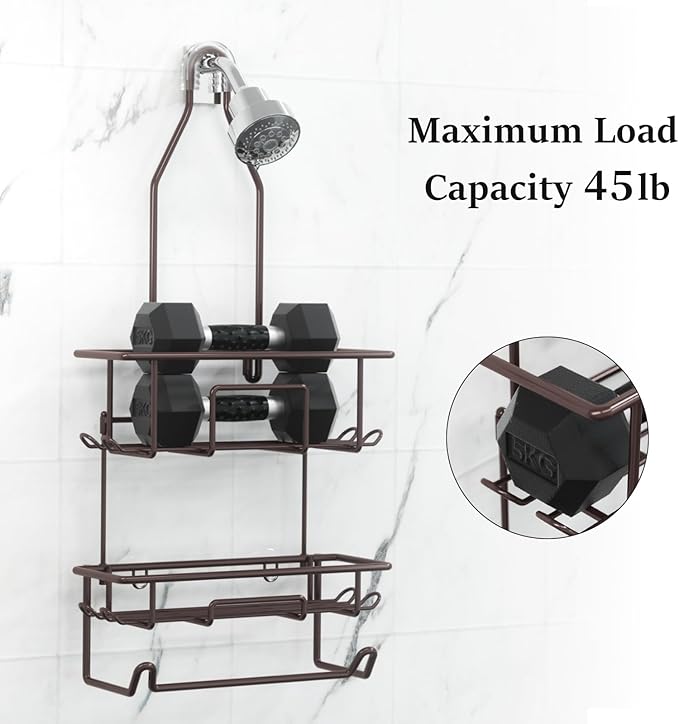 Shower Caddy Hanging over Shower Head Rust Roof Shower Organizer with 10 Hooks for Razor Shampoo Holder Bathroom Shower Rack Storage Shelf with Towel Bar – Bronze