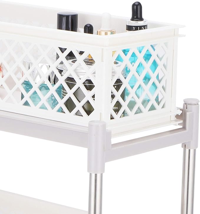 2 - Layer Bathroom Sliding Basket Storage Cabinet Organizer, White Bathroom Shelf with Pull Out Drawers, Space Saving Storage Rack for Kitchen Bathroom Office, Sturdy PP ABS Materi