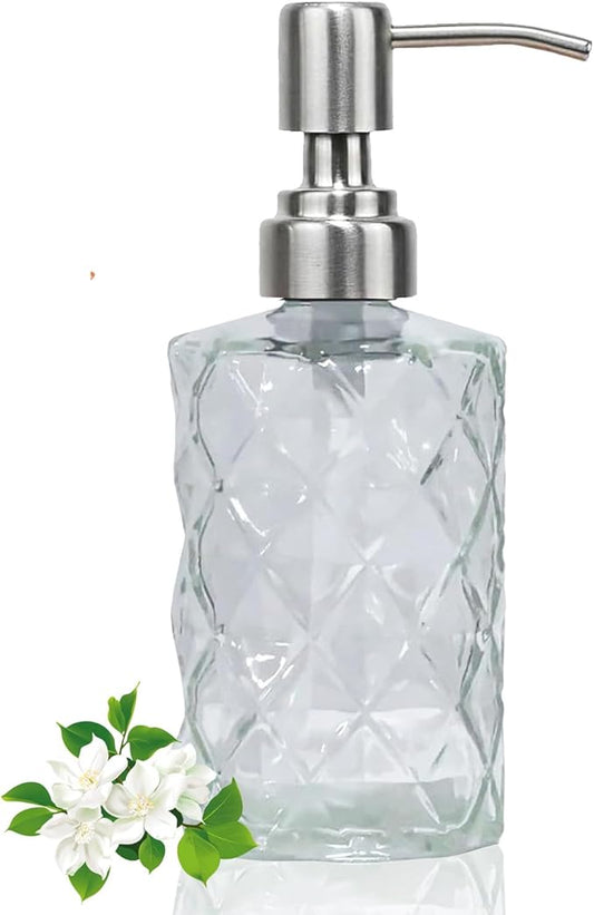 12Oz Clear Glass Soap Dispenser with Stainless Steel Pump, Refillable Kitchen Liquid Hand Soap Dispenser with Diamond Design, for Dispense Hand soap, Dish Soap, Lotion, Bathroom, Countertop, Hotel