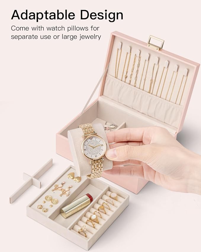 Vlando 2 Layer Jewelry Box Large Jewelry Organizer for Women Removable Jewelery Tray with Watch Pillow for Necklace Earrings Rings Bracelets Jewelry Boxes for Christmas Gifts Mother's Day Gifts (Pink)