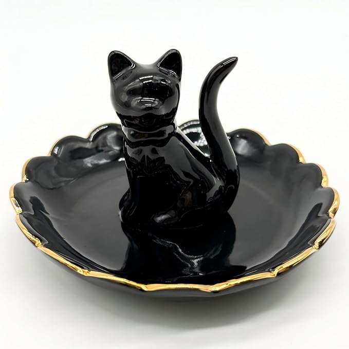 ROSA&ROSE Cat Ring Holder Trinket Tray Ceramic Jewelry Dish Porcelain Ring Organizer,Gift for Women,Girlfriend,Wife,Birthday or Anniversary(Black bow)