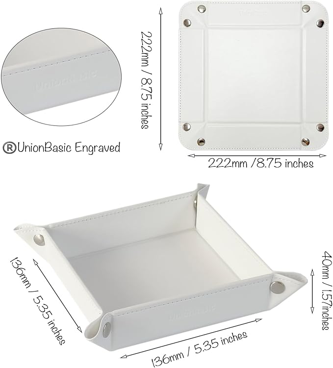 UnionBasic Small Valet Tray, Jewelry Tray for Rings Watches Earrings, Entryway Catchall Caddy for Coins Keys Change, Nightstand Bedside Valet Holder, Trays for Electronic Gadgets, White