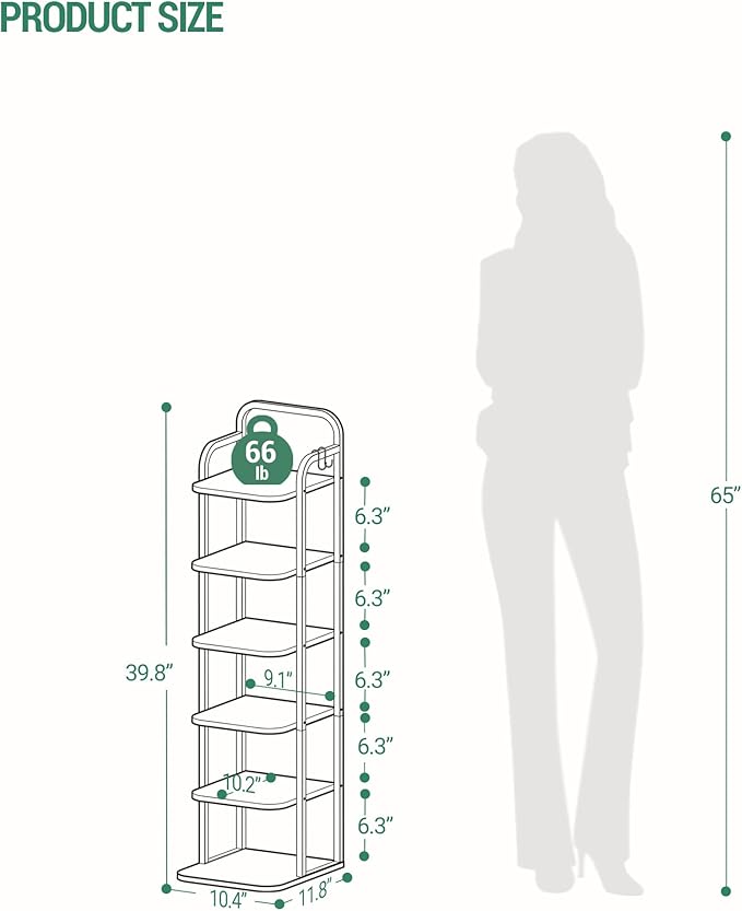 6 Tiers Vertical Shoe Rack, Narrow Shoe Tower, Tall Shoes Shelf with 2 Hooks, Adjustable Shelves, Corner Shoes Shelves for Small Spaces, Entryway, Living Room, Greige, SR04205B
