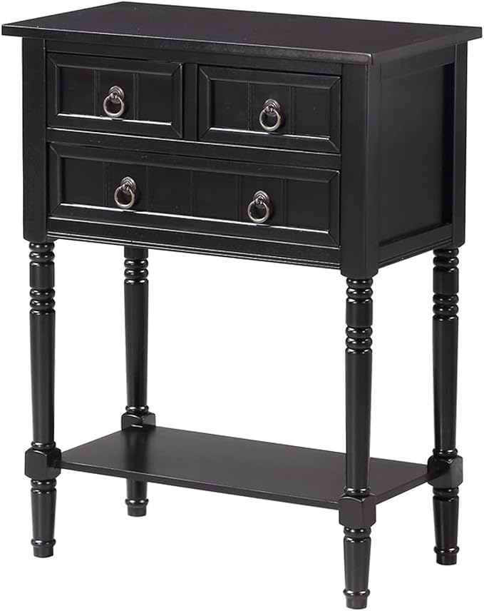 Convenience Concepts Kendra Entryway Hall Table 23.75" - 3 Storage Drawers, Traditional Console with Shelf for Decor, Office & Hallway Organizer, No Tools Assembly, Solid Wood Legs, Black